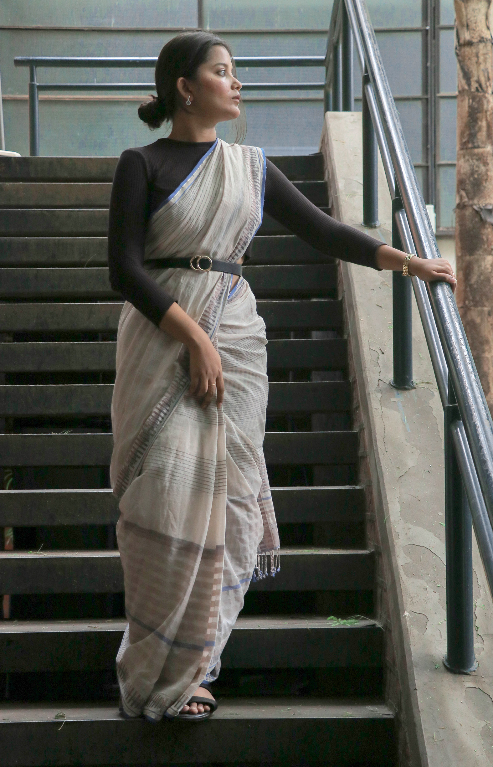 Off-white with blue, Handwoven Organic Cotton,Textured Weave , Jacquard, Work Wear Saree